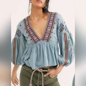 NWT Free People Boho Cropped Embroidered Shirt